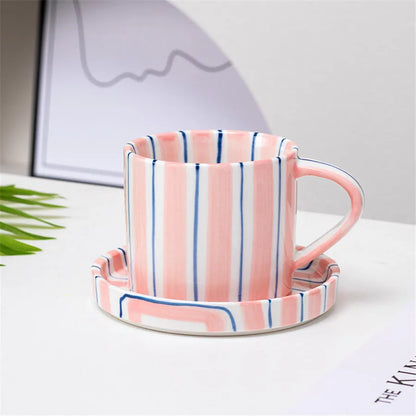 Minimalist Striped Ceramic Cup and Saucer Set – Hand-Drawn Design, 280ml (9.5oz) Coffee and Tea Drinking Set - Home Fads 