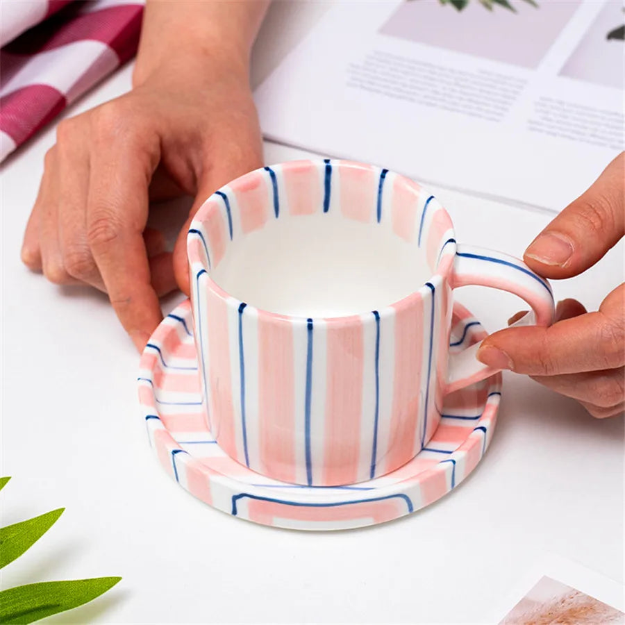 Minimalist Striped Ceramic Cup and Saucer Set – Hand-Drawn Design, 280ml (9.5oz) Coffee and Tea Drinking Set - Home Fads 
