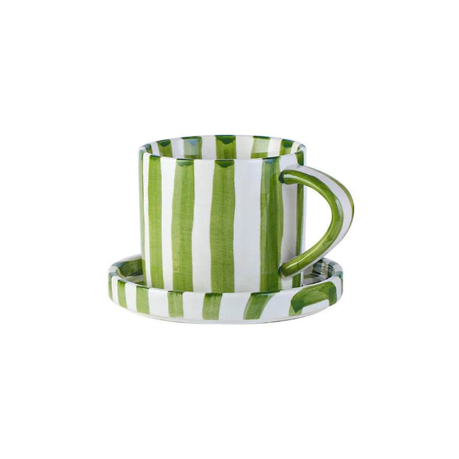 Minimalist Striped Ceramic Cup and Saucer Set – Hand-Drawn Design, 280ml (9.5oz) Coffee and Tea Drinking Set - Home Fads 