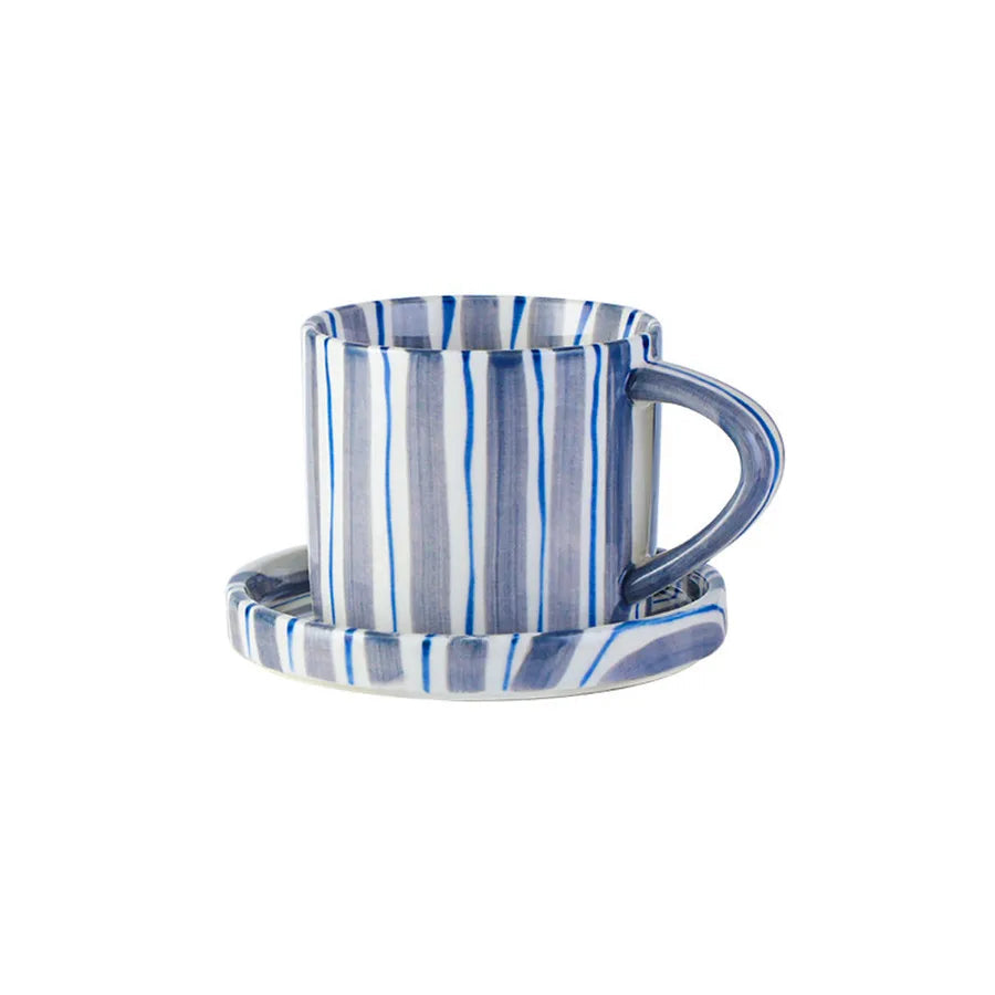 Minimalist Striped Ceramic Cup and Saucer Set – Hand-Drawn Design, 280ml (9.5oz) Coffee and Tea Drinking Set - Home Fads 