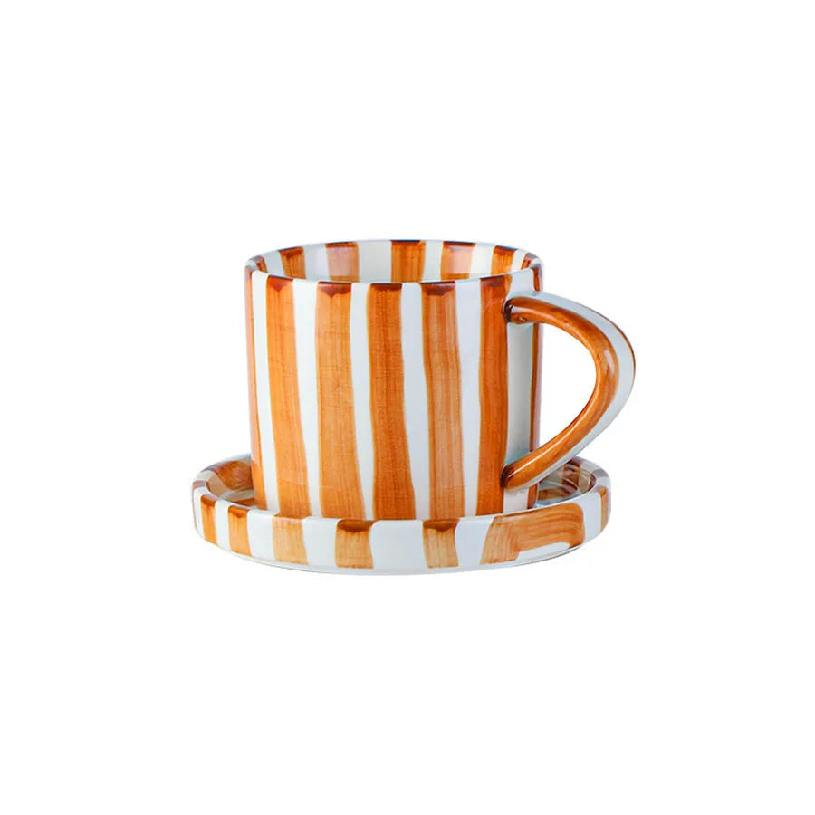 Minimalist Striped Ceramic Cup and Saucer Set – Hand-Drawn Design, 280ml (9.5oz) Coffee and Tea Drinking Set - Home Fads 