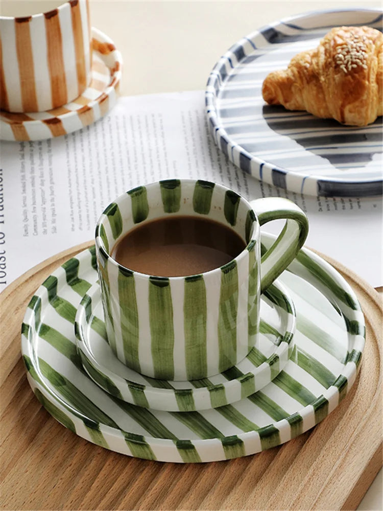 Minimalist Striped Ceramic Cup and Saucer Set – Hand-Drawn Design, 280ml (9.5oz) Coffee and Tea Drinking Set - Home Fads 