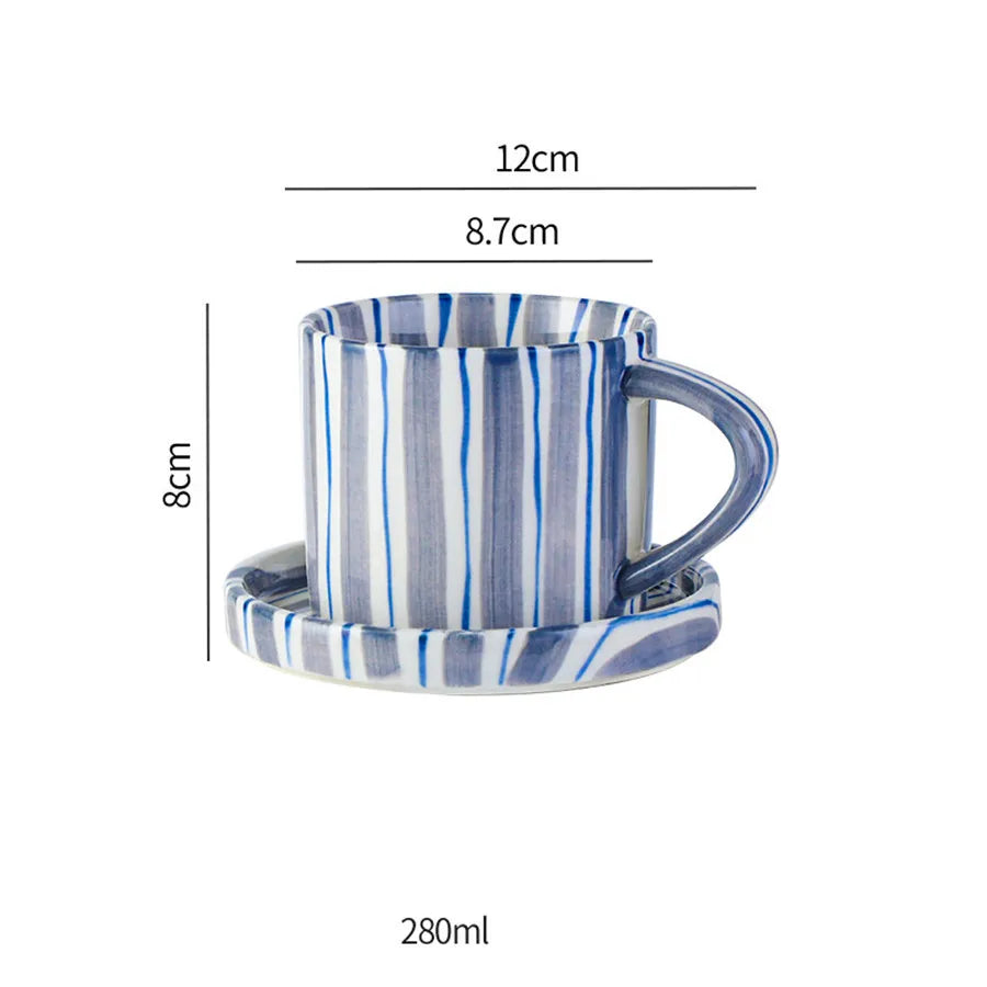 Minimalist Striped Ceramic Cup and Saucer Set – Hand-Drawn Design, 280ml (9.5oz) Coffee and Tea Drinking Set - Home Fads 
