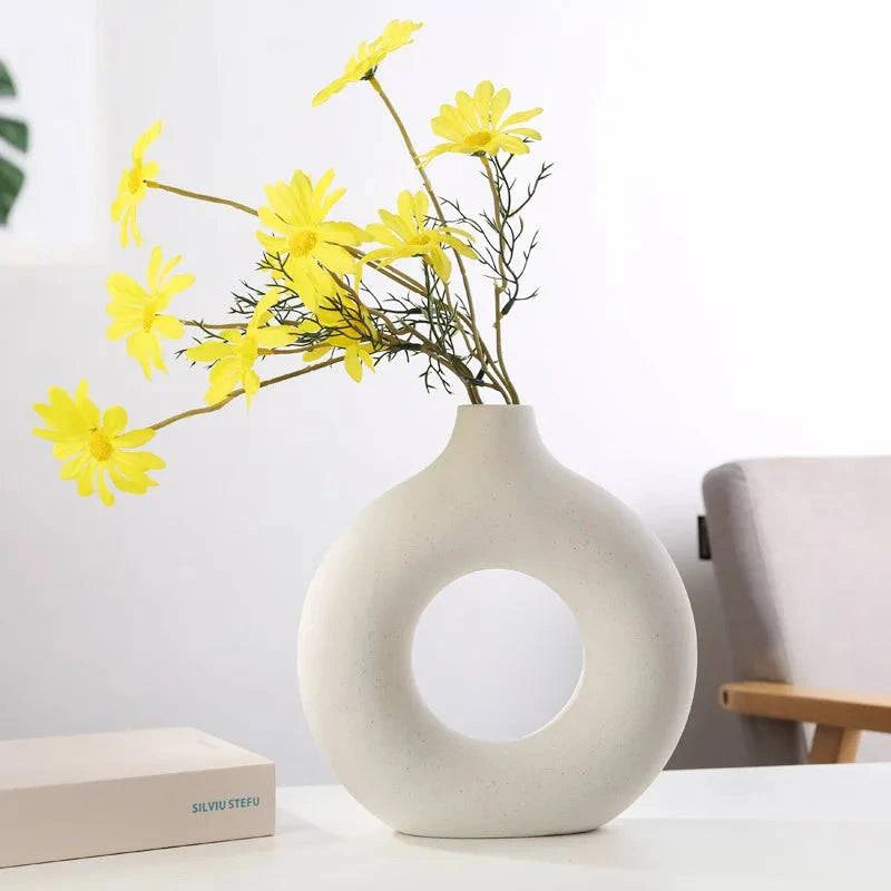 Modern Circular Hollow Ceramic Vase: Elegant Home and Office Decoration Piece - Home Fads 