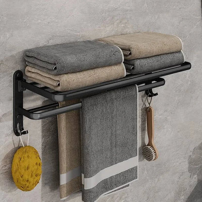 Modern Wall-Mounted Foldable Matte Black Aluminum Towel Rack with Dual Bars and Hook - Ideal for bathrooms, kitchens, and balconies - 50cm - Home Fads 