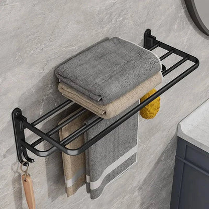 Modern Wall-Mounted Foldable Matte Black Aluminum Towel Rack with Dual Bars and Hook - Ideal for bathrooms, kitchens, and balconies - 50cm - Home Fads 