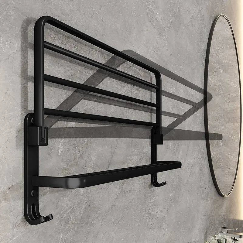 Modern Wall-Mounted Foldable Matte Black Aluminum Towel Rack with Dual Bars and Hook - Ideal for bathrooms, kitchens, and balconies - 50cm - Home Fads 