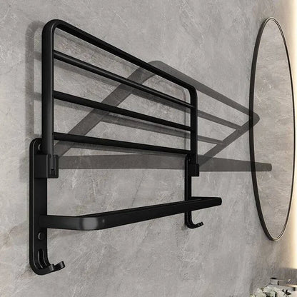 Modern Wall-Mounted Foldable Matte Black Aluminum Towel Rack with Dual Bars and Hook - Ideal for bathrooms, kitchens, and balconies - 50cm - Home Fads 