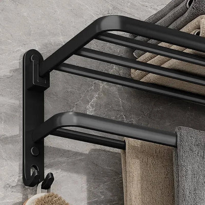 Modern Wall-Mounted Foldable Matte Black Aluminum Towel Rack with Dual Bars and Hook - Ideal for bathrooms, kitchens, and balconies - 50cm - Home Fads 