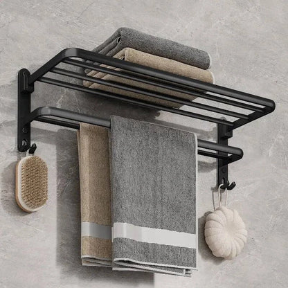 Modern Wall-Mounted Foldable Matte Black Aluminum Towel Rack with Dual Bars and Hook - Ideal for bathrooms, kitchens, and balconies - 50cm - Home Fads 