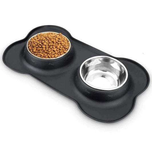 Non-Slip Double Dog Bowl with Silicone Mat - Stainless Steel Pet Feeding and Drinking Station - Home Fads 