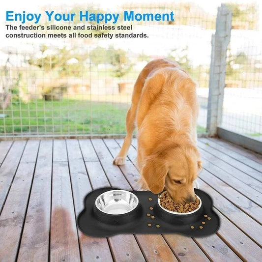 Non-Slip Double Dog Bowl with Silicone Mat - Stainless Steel Pet Feeding and Drinking Station - Home Fads 