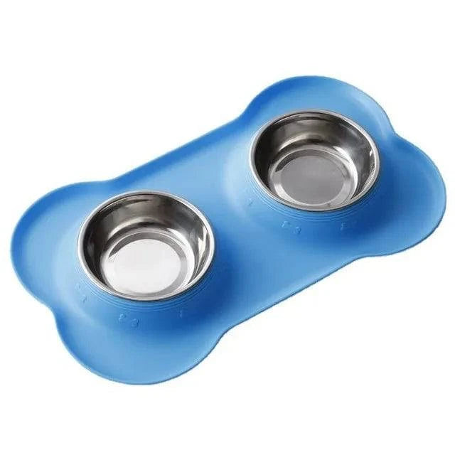 Non-Slip Double Dog Bowl with Silicone Mat - Stainless Steel Pet Feeding and Drinking Station - Home Fads 