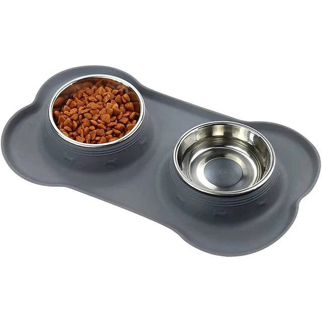 Non-Slip Double Dog Bowl with Silicone Mat - Stainless Steel Pet Feeding and Drinking Station - Home Fads 