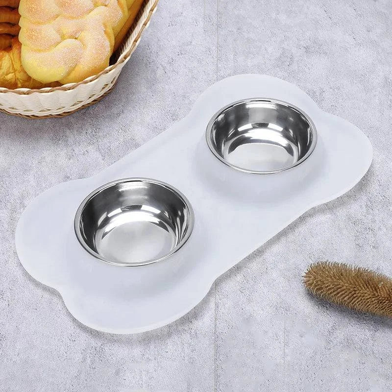 Non-Slip Double Dog Bowl with Silicone Mat - Stainless Steel Pet Feeding and Drinking Station - Home Fads 