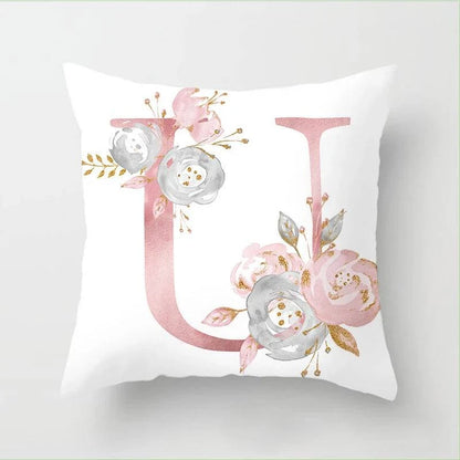 Pink Floral Letters Cushion Cover: Romantic Polyester Pillowcase - Ideal for Living Room, Bedroom, Sofa Decor - Valentine's Day Gift - Home Fads 