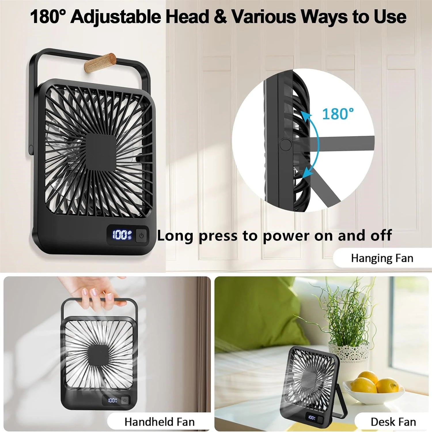 Portable USB-C Desk Fan – Rechargeable, 180° Adjustable, 5-Speed Quiet Cooling with Battery Indicator, Hangable Design - Home Fads 