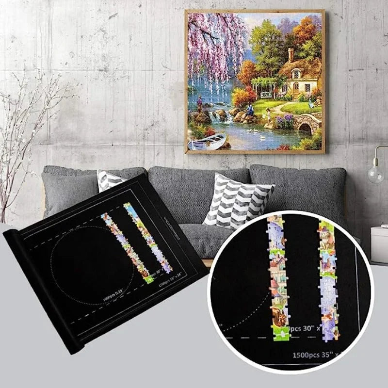 Premium Felt Jigsaw Puzzle Mat – Roll-Up Storage for Puzzles up to 1500 Pieces – Portable Organizer in Black & Gray for Home & Travel - Home Fads 