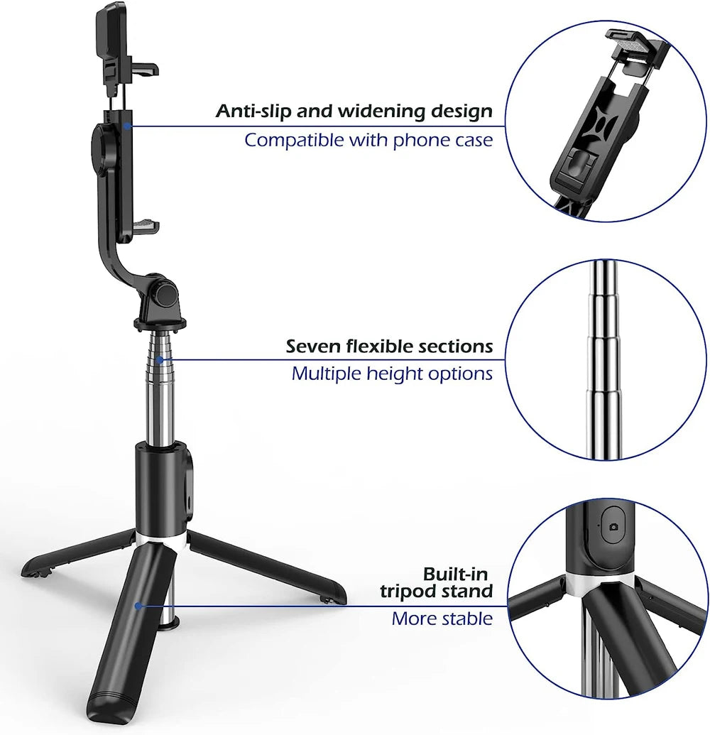 Premium Foldable Bluetooth Selfie Stick Tripod with Optional LED Fill Light, Remote Shutter Control for Android and iPhone Devices - Home Fads 