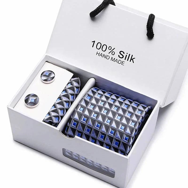 Refined Men's Silk Jacquard Necktie Set with Tie, Pocket Square, and Cufflinks – Ideal Father's Day, Valentine's Day, Christmas, and Birthday Gift - Home Fads 