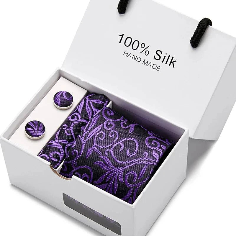 Refined Men's Silk Jacquard Necktie Set with Tie, Pocket Square, and Cufflinks – Ideal Father's Day, Valentine's Day, Christmas, and Birthday Gift - Home Fads 