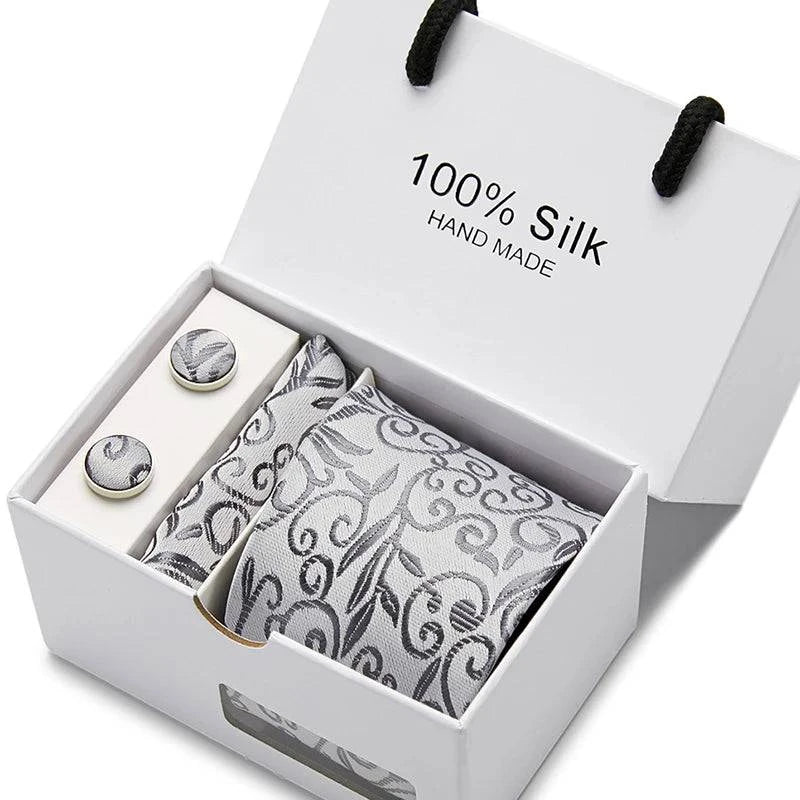 Refined Men's Silk Jacquard Necktie Set with Tie, Pocket Square, and Cufflinks – Ideal Father's Day, Valentine's Day, Christmas, and Birthday Gift - Home Fads 