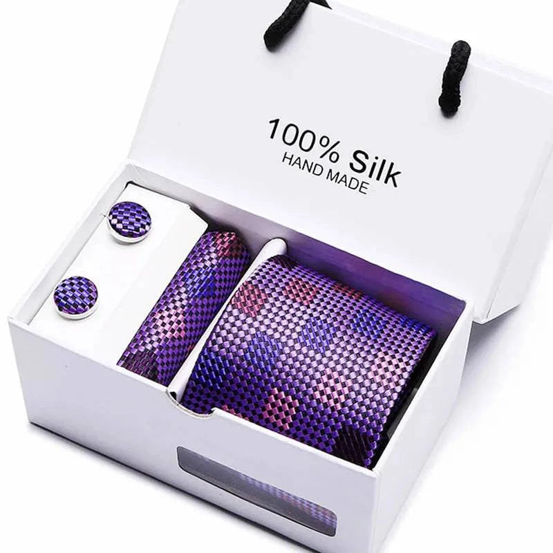 Refined Men's Silk Jacquard Necktie Set with Tie, Pocket Square, and Cufflinks – Ideal Father's Day, Valentine's Day, Christmas, and Birthday Gift - Home Fads 