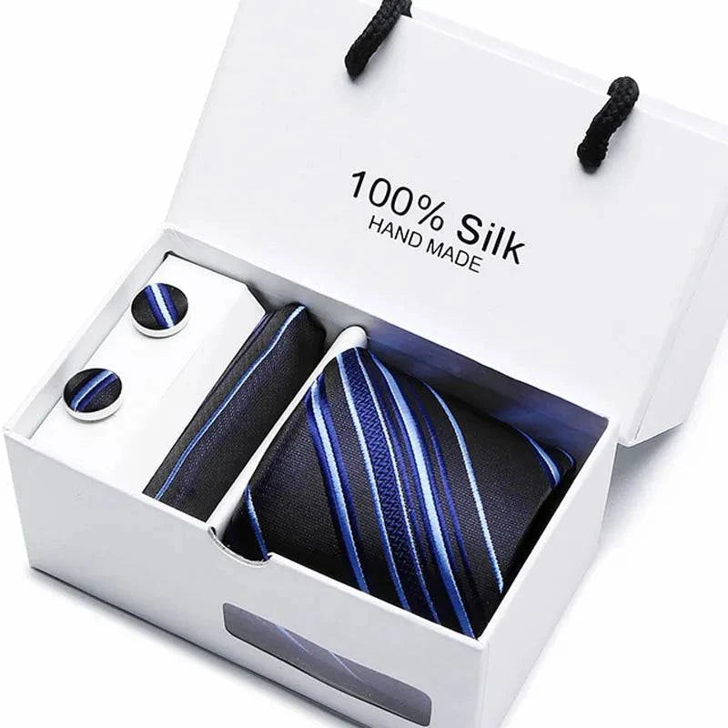 Refined Men's Silk Jacquard Necktie Set with Tie, Pocket Square, and Cufflinks – Ideal Father's Day, Valentine's Day, Christmas, and Birthday Gift - Home Fads 