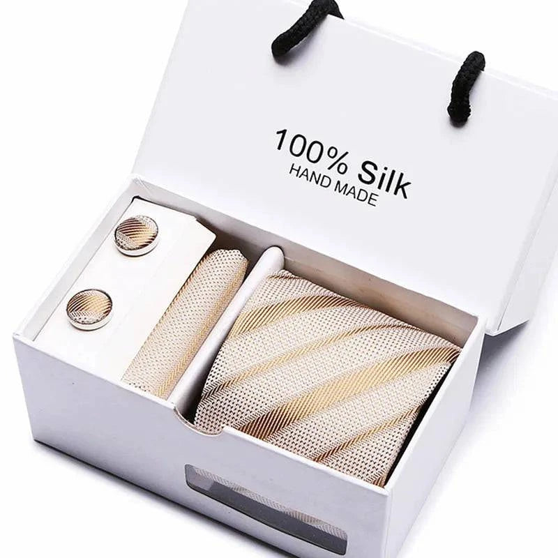 Refined Men's Silk Jacquard Necktie Set with Tie, Pocket Square, and Cufflinks – Ideal Father's Day, Valentine's Day, Christmas, and Birthday Gift - Home Fads 