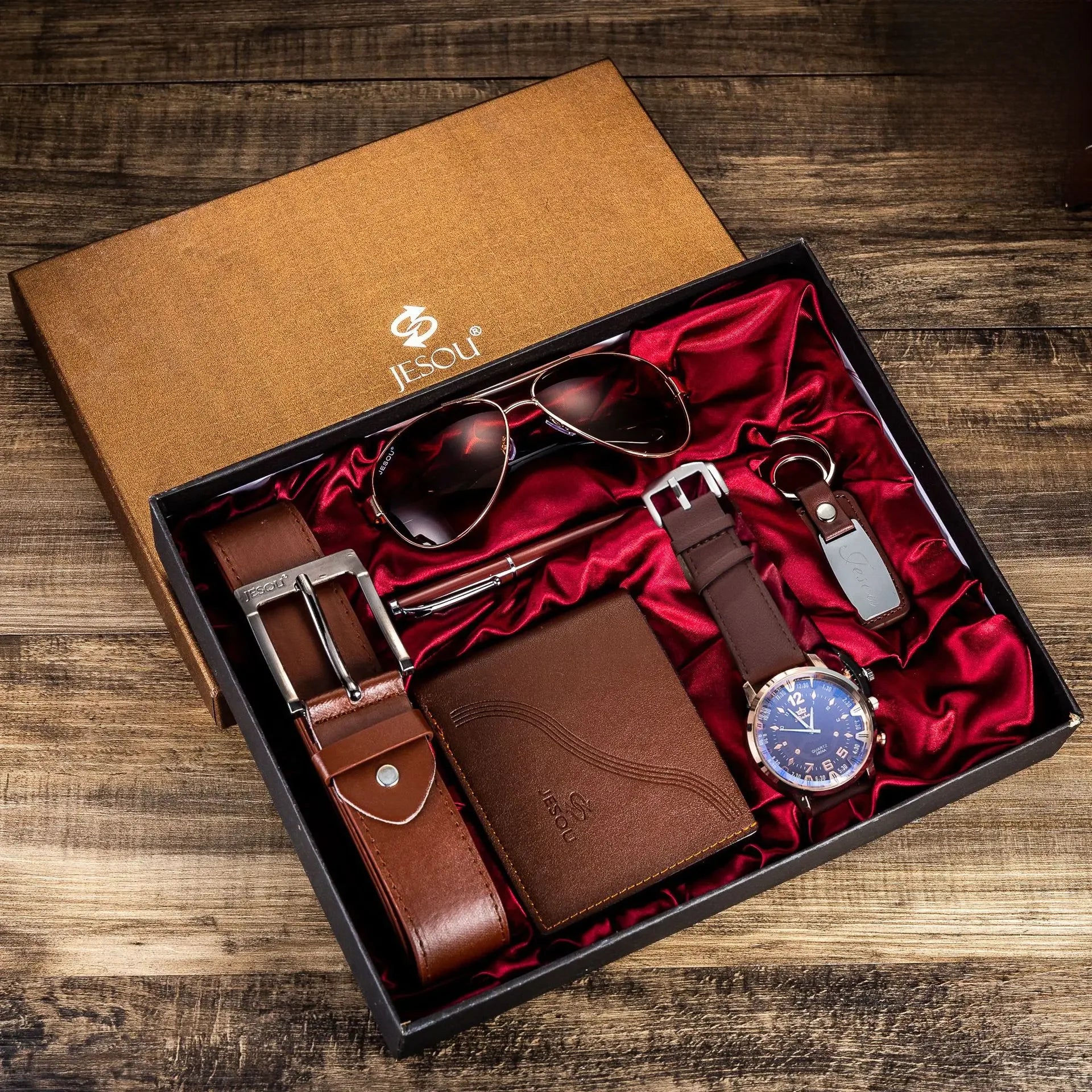Men’s Quartz Watch 6-in-1 Gift Set – Large Dial, Leather Belt, Wallet, Glasses, Pen, and Keychain - Home Fads 
