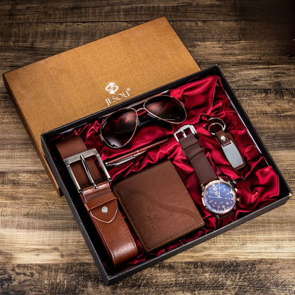 Juego de regalo empresarial de lujo para hombres: reloj, gafas, bolígrafo, llavero, cinturón y billetera 6 en 1: regalo ideal para el Día del Padre, cumpleaños y Navidad