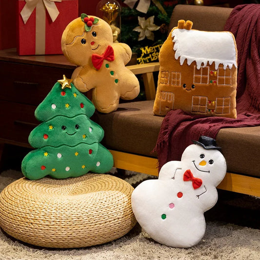 Coussin en peluche festif pour les fêtes – Coussin lombaire imperméable avec motifs d'arbre, de pain d'épices, de bonhomme de neige et de maison pour la décoration intérieure et extérieure