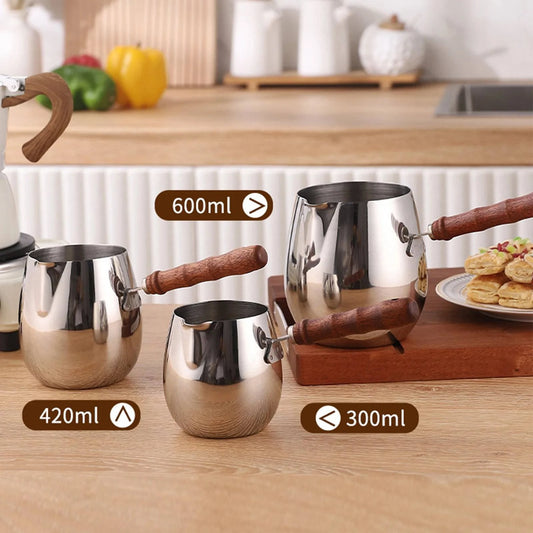 Stainless Steel Turkish Coffee Pot with Wooden Handle - Available in Small, Medium, and Large Sizes - Kitchen Tool for Coffee, Milk, and More - Home Fads