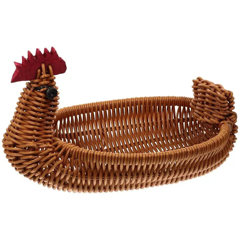 Handwoven Rattan Fruit Basket – Chicken-Shaped Decorative Storage Tray for Bread, Snacks, and Easter Egg Hunts