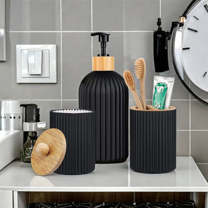 Modern Bathroom Countertop Organizer – Soap Dispenser, Cotton Storage & Toothbrush Holder