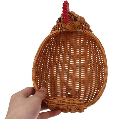 Handwoven Rattan Fruit Basket – Chicken-Shaped Decorative Storage Tray for Bread, Snacks, and Easter Egg Hunts