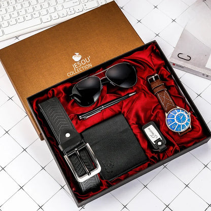 Juego de regalo empresarial de lujo para hombres: reloj, gafas, bolígrafo, llavero, cinturón y billetera 6 en 1: regalo ideal para el Día del Padre, cumpleaños y Navidad