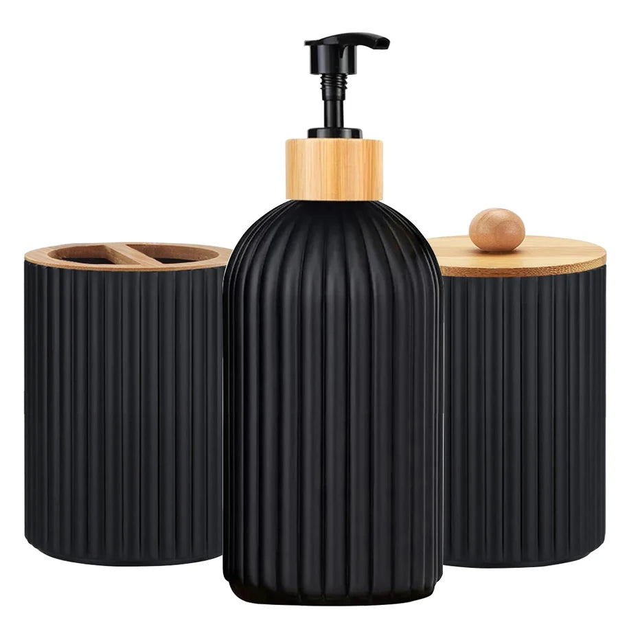 Modern Bathroom Countertop Organizer – Soap Dispenser, Cotton Storage & Toothbrush Holder