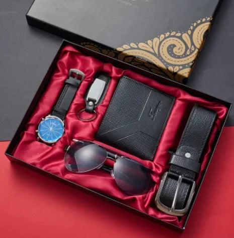 Men’s Quartz Watch 6-in-1 Gift Set – Large Dial, Leather Belt, Wallet, Glasses, Pen, and Keychain - Home Fads 