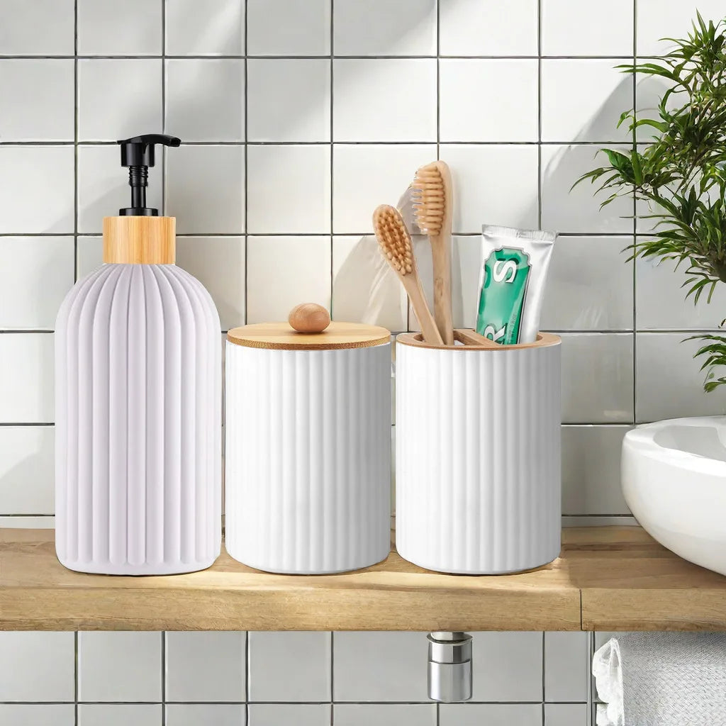 Modern Bathroom Countertop Organizer – Soap Dispenser, Cotton Storage & Toothbrush Holder