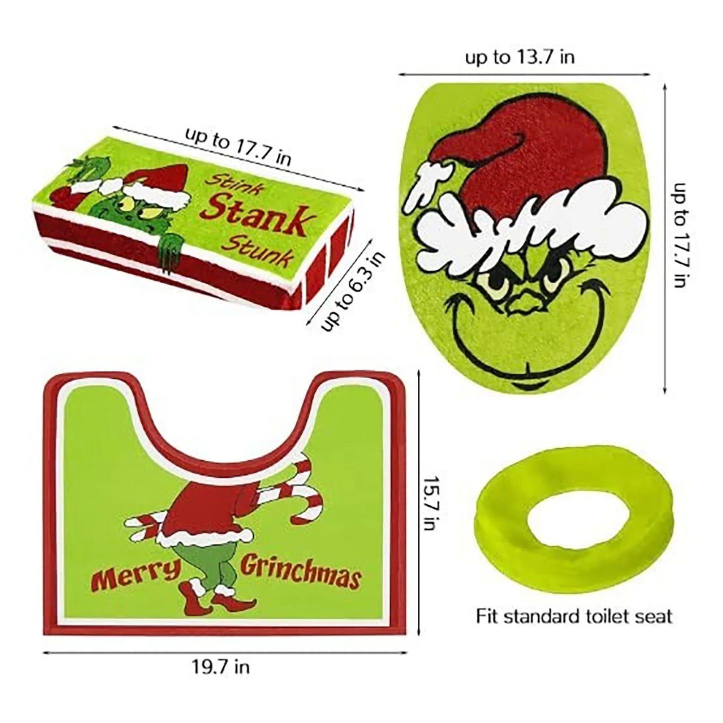 4-Piece Grinch-Themed Bathroom Set – Toilet Seat Cover, Tank Cover, U-Shaped Rug, and Foot Pad for Festive Bathroom Decor