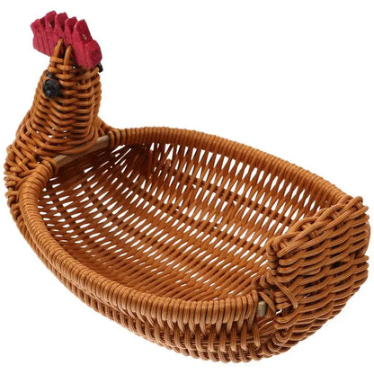 Handwoven Rattan Fruit Basket – Chicken-Shaped Decorative Storage Tray for Bread, Snacks, and Easter Egg Hunts