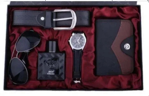 Men’s Quartz Watch 6-in-1 Gift Set – Large Dial, Leather Belt, Wallet, Glasses, Pen, and Keychain - Home Fads 