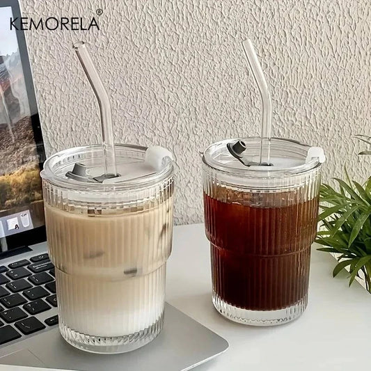 450ml Stripe Glass Cup with Lid and Straw - Set of 1 or 2, Transparent Drinkware for Coffee, Tea, Juice, Milk, Water - Home Fads