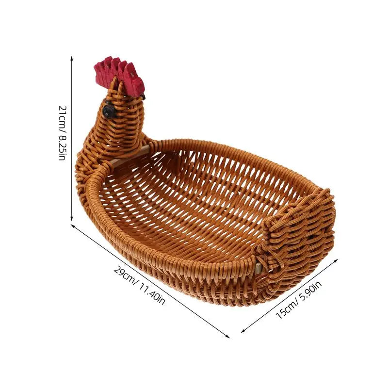 Handwoven Rattan Fruit Basket – Chicken-Shaped Decorative Storage Tray for Bread, Snacks, and Easter Egg Hunts