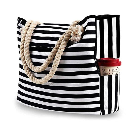 Elegant Striped Canvas Tote for Women - Spacious and Versatile Shoulder Bag for Shopping, Travel, School, and Beach - Home Fads