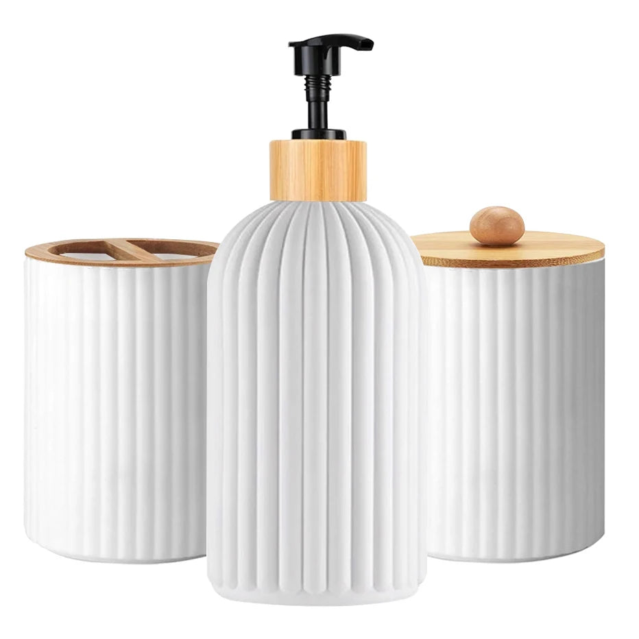 Modern Bathroom Countertop Organizer – Soap Dispenser, Cotton Storage & Toothbrush Holder