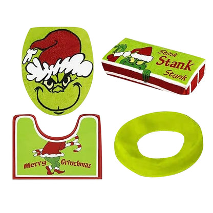 4-Piece Grinch-Themed Bathroom Set – Toilet Seat Cover, Tank Cover, U-Shaped Rug, and Foot Pad for Festive Bathroom Decor