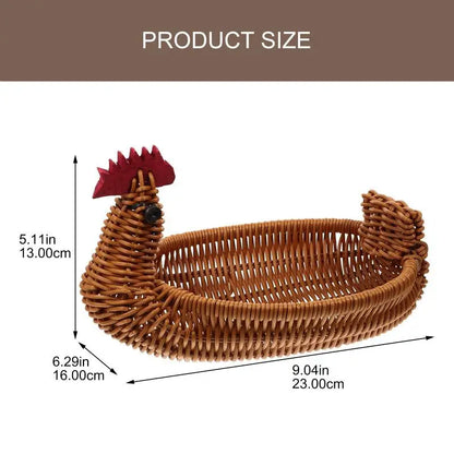 Handwoven Rattan Fruit Basket – Chicken-Shaped Decorative Storage Tray for Bread, Snacks, and Easter Egg Hunts