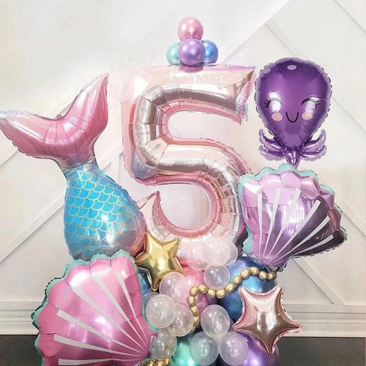 Mermaid-Themed Balloon Set (33 pcs) – 32” Number, Tail, Shells, Octopus, Stars & More – Purple, Blue, Green, Pink – Perfect for Kids' Birthdays - Home Fads